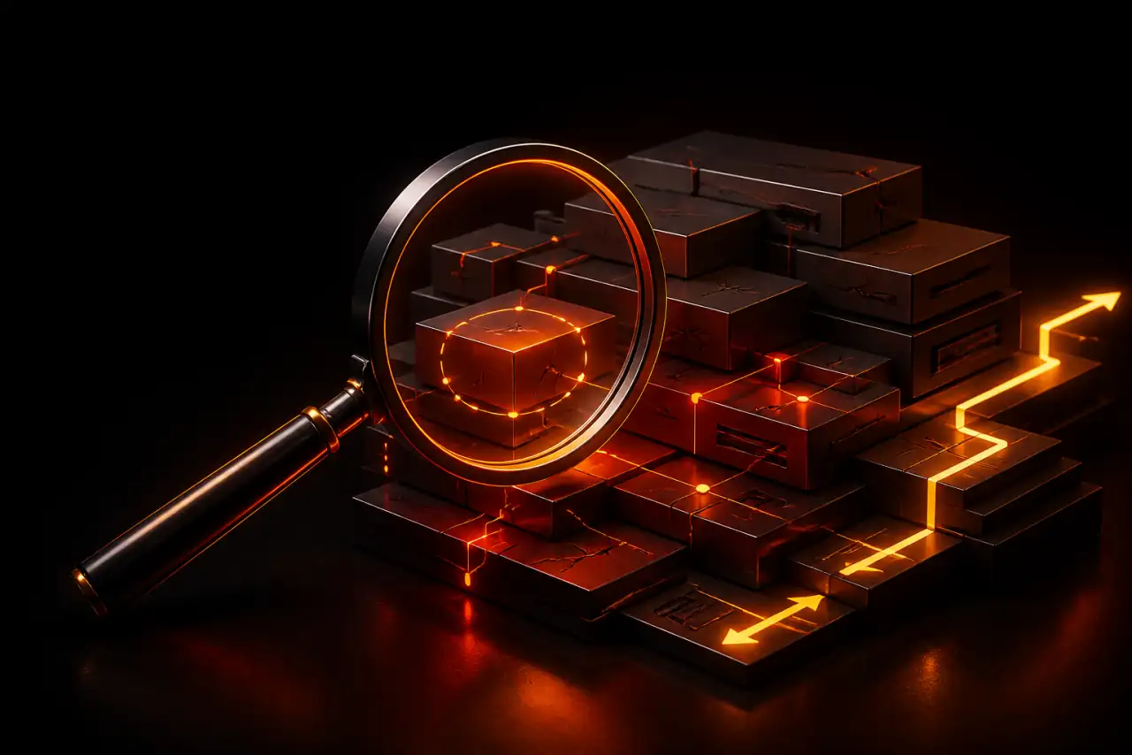 Precision search lens inspecting a layered website architecture and highlighting a remediation path