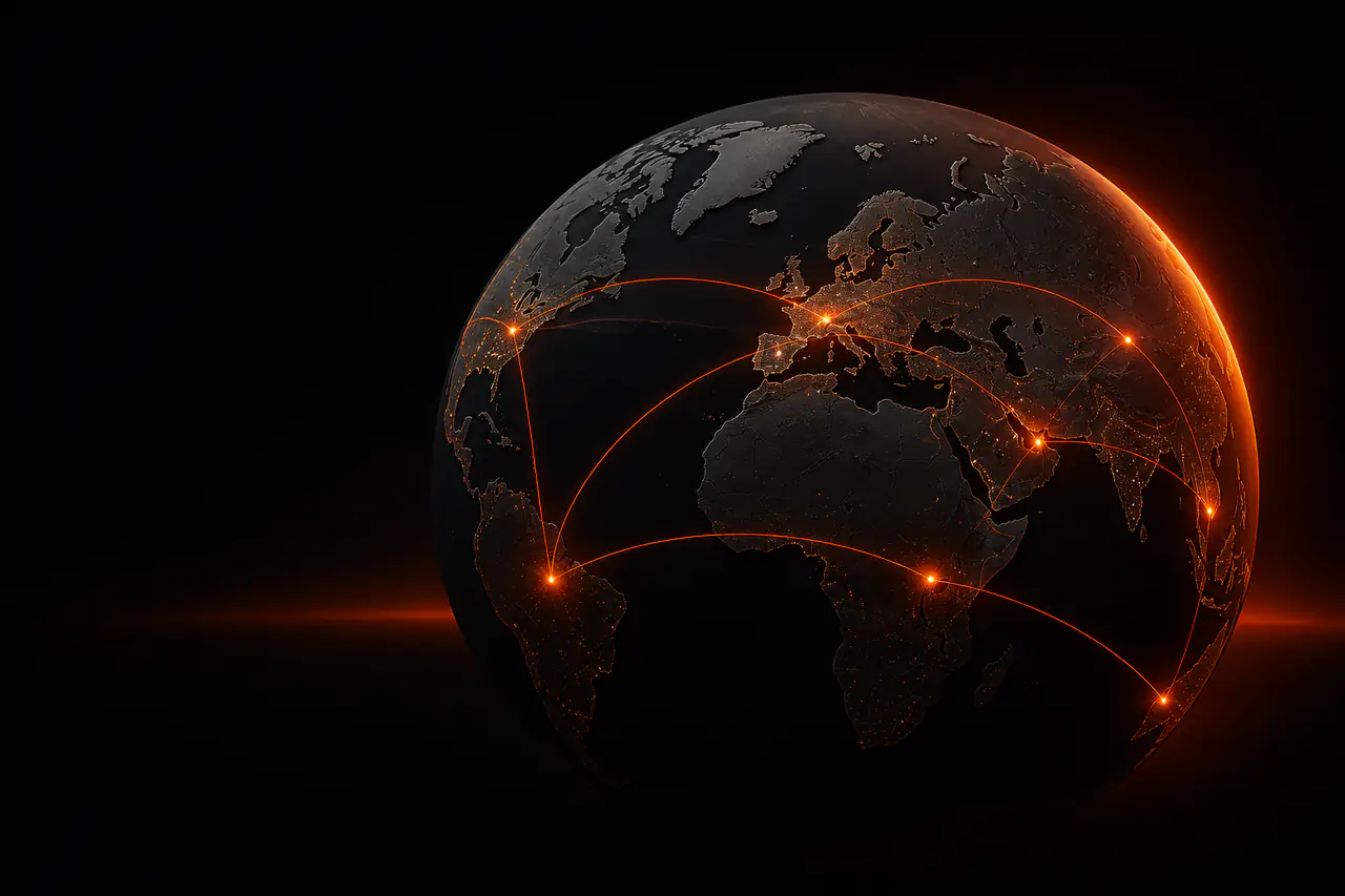 Dark globe with focused orange connections across international markets
