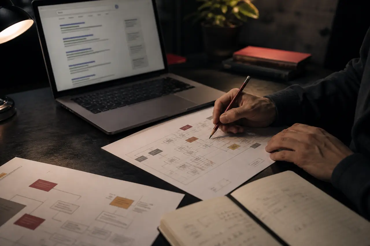 SEO analyst reviewing a technical crawl map and search results at a working desk