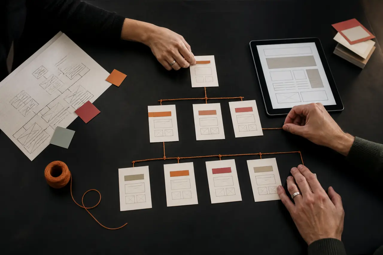 Editorial team arranging page cards into a connected content and internal-link architecture